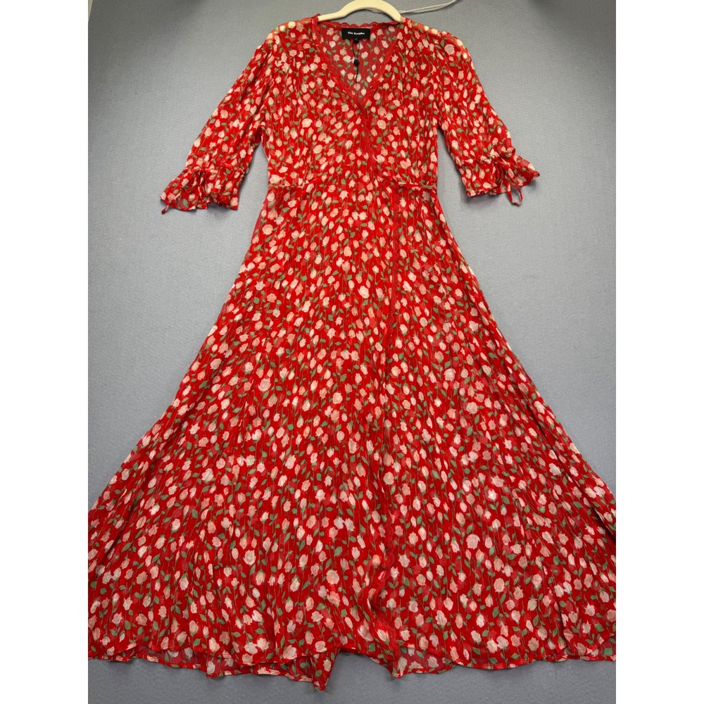 The Kooples Red Floral Rose Print Maxi Dress V-Neck Lace Trim Size 3 FR1690